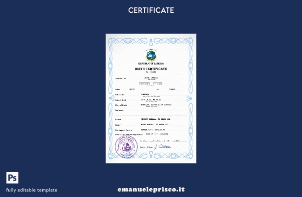 modello PSD del certificato di nascita dello stato di stato della Liberia in sti